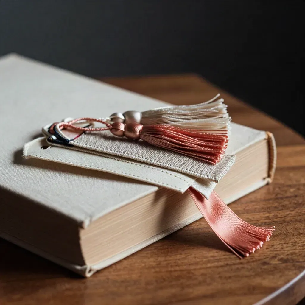 Macro side view of ribbon, tassel and fabric bookmarks over a closed book corner.