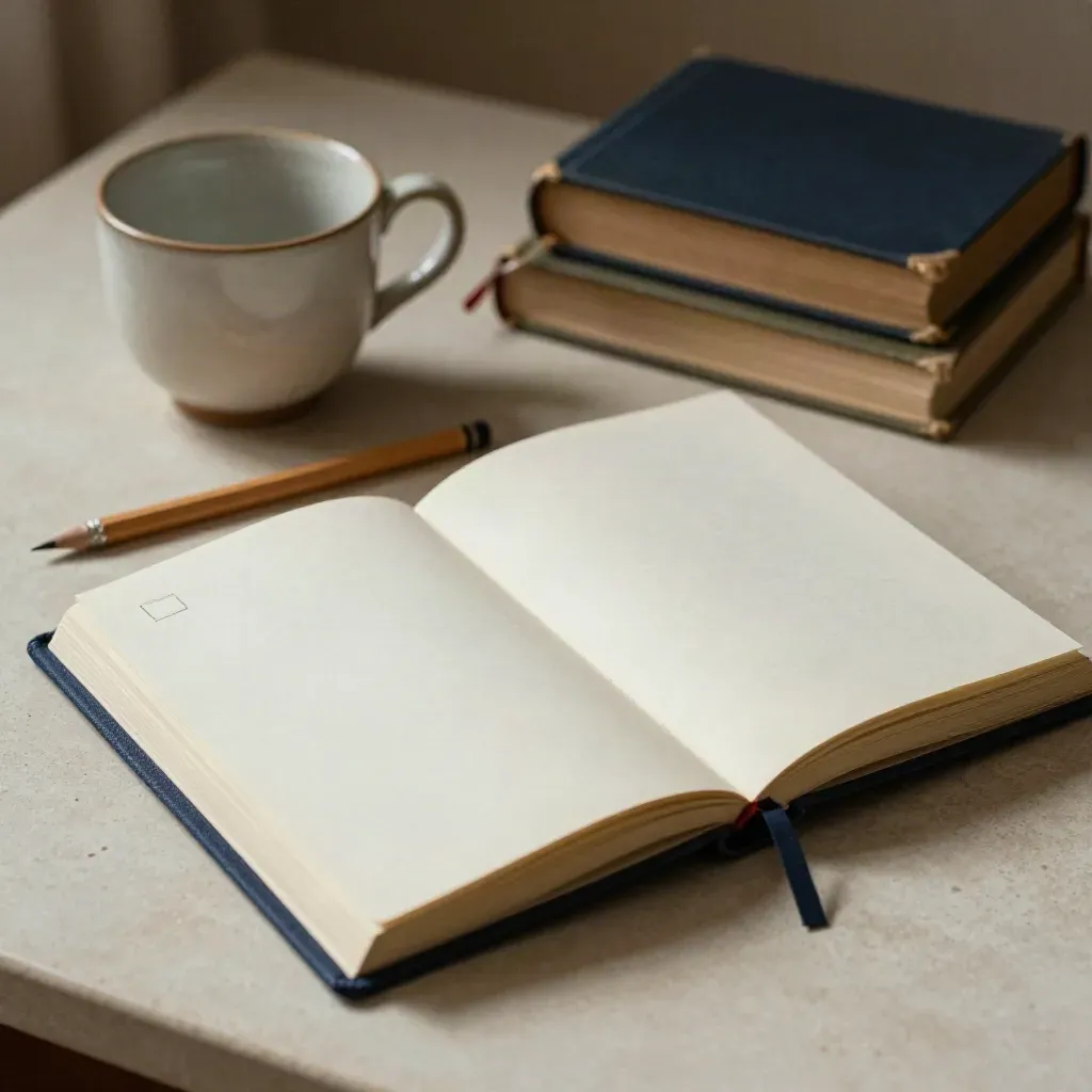 Open reading journal with pencil, tea mug, and stacked books on a pale desk in warm light