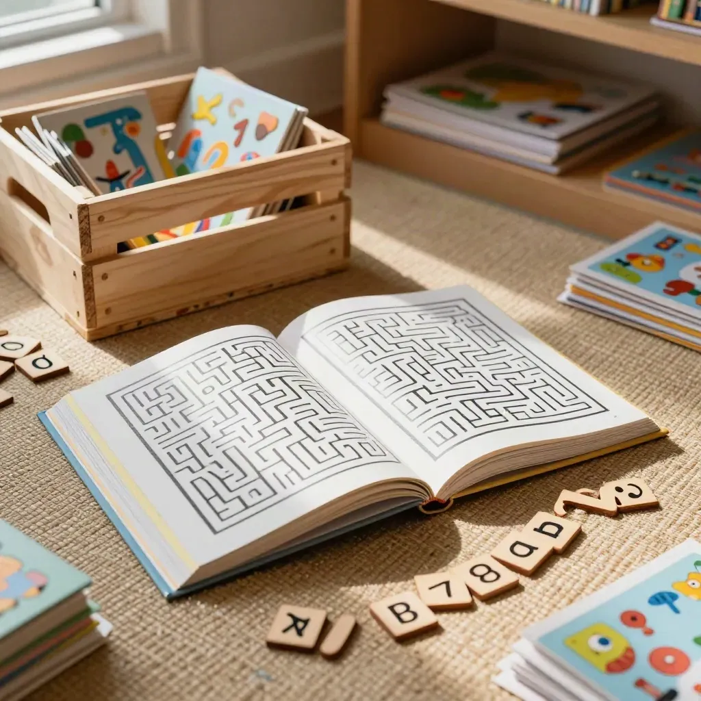 Activity book and letter tiles scattered on a play mat beside a small crate.