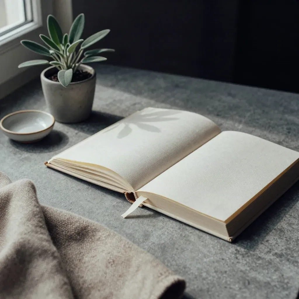 Overhead bedtime book flatlay with wool throw, plant, ceramic dish and navy ribbon on stone.