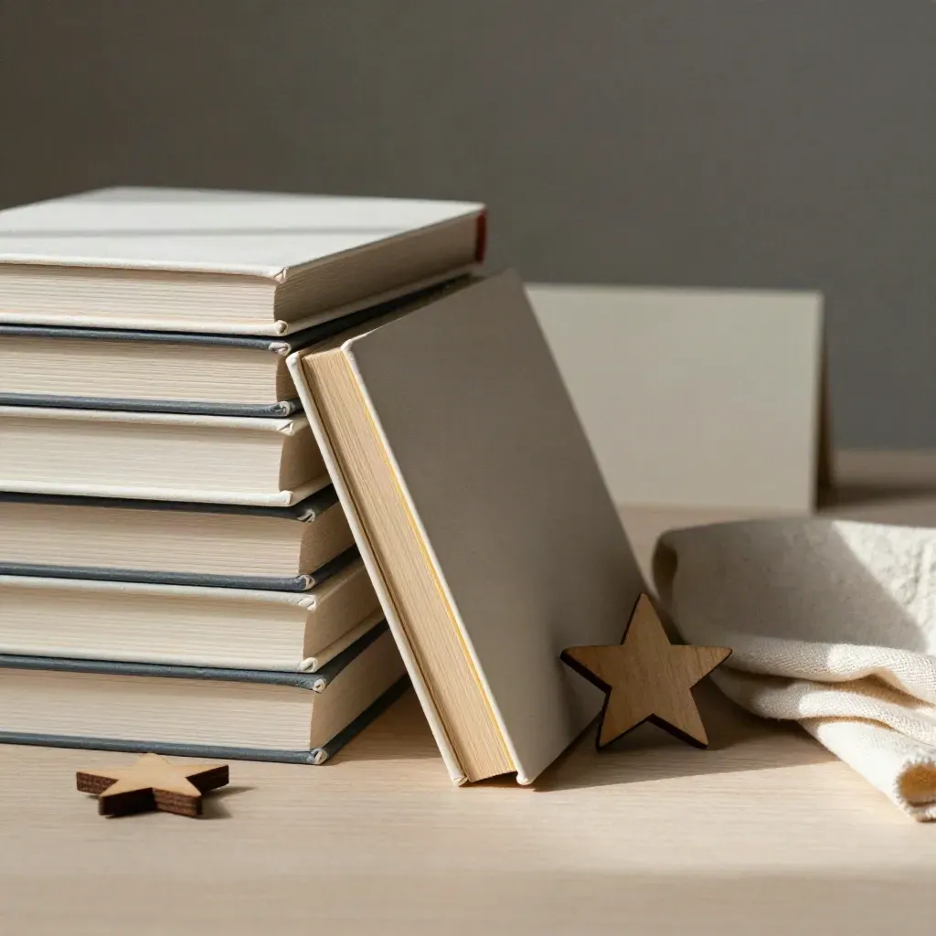 Chunky early readers with a wooden star and linen cloth on pale wood, soft daylight.