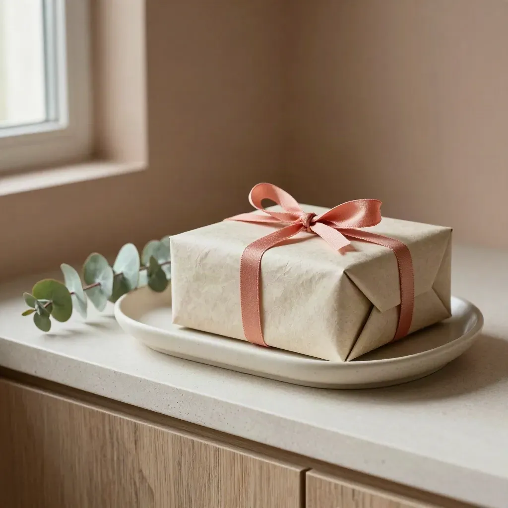 Teacher gift bundle with books, ceramic tray and eucalyptus on a shelf ledge.