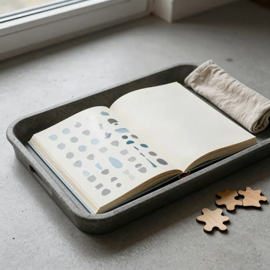 Open activity book, sticker sheets, cloth, and wooden puzzle pieces on a stone tray.