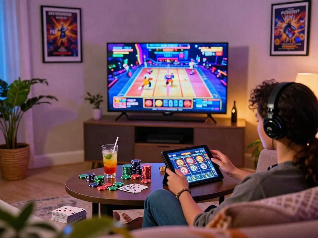 Exciting online slot luar negeri gaming experience in a cozy living room, showing a player engaging with colorful casino elements and vibrant game graphics.
