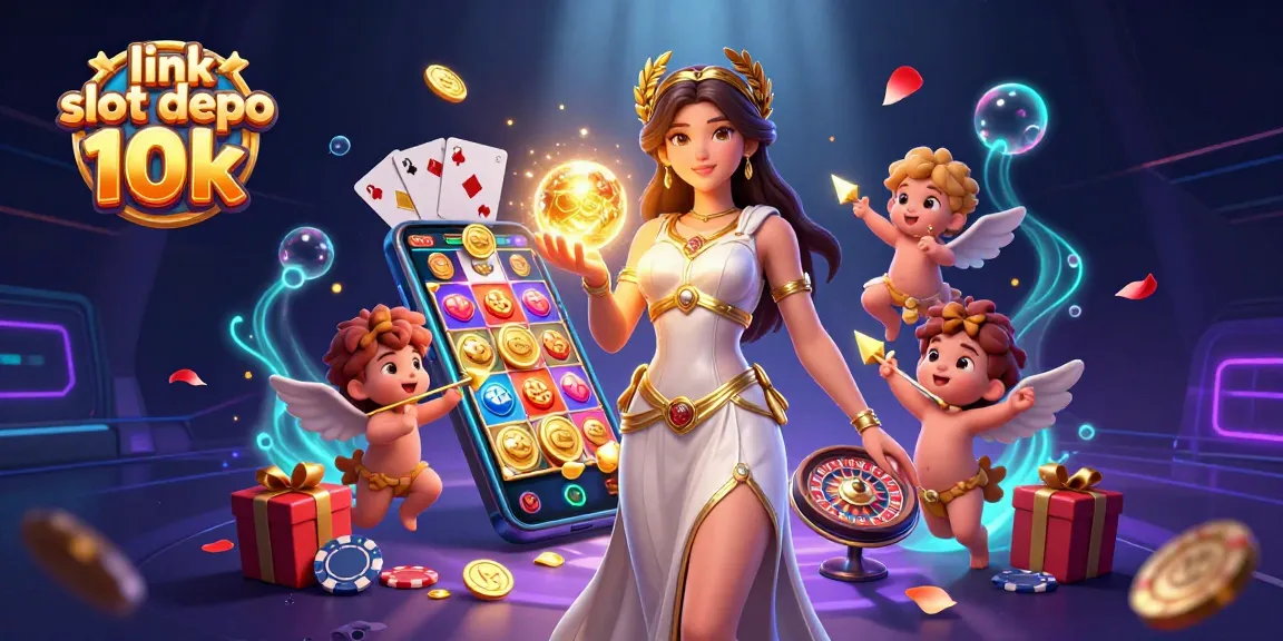 Engage in thrilling action at link slot depo 10k, featuring a goddess and gaming symbols in a vibrant 3D illustration.