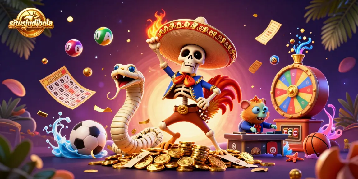 Situsjudibola features a lively scene with a mariachi rooster, mummy snake, and hamster DJ celebrating sports betting wins.