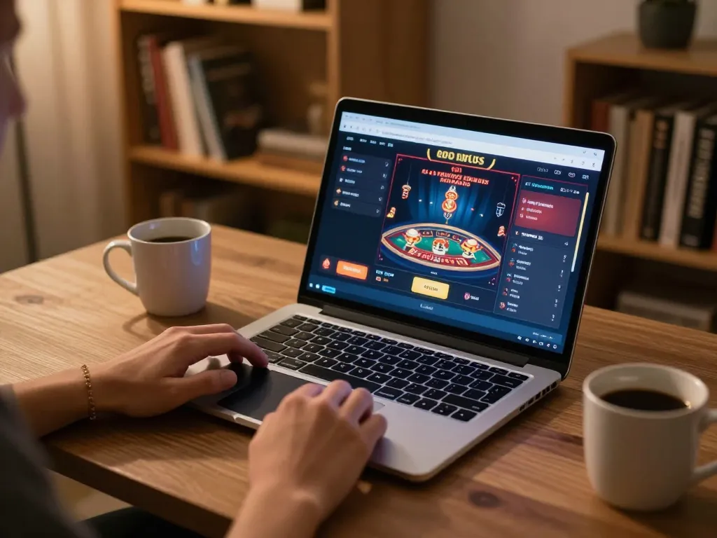 Casinò online europei gameplay setup with laptop displaying engaging online games and strategic notes nearby.