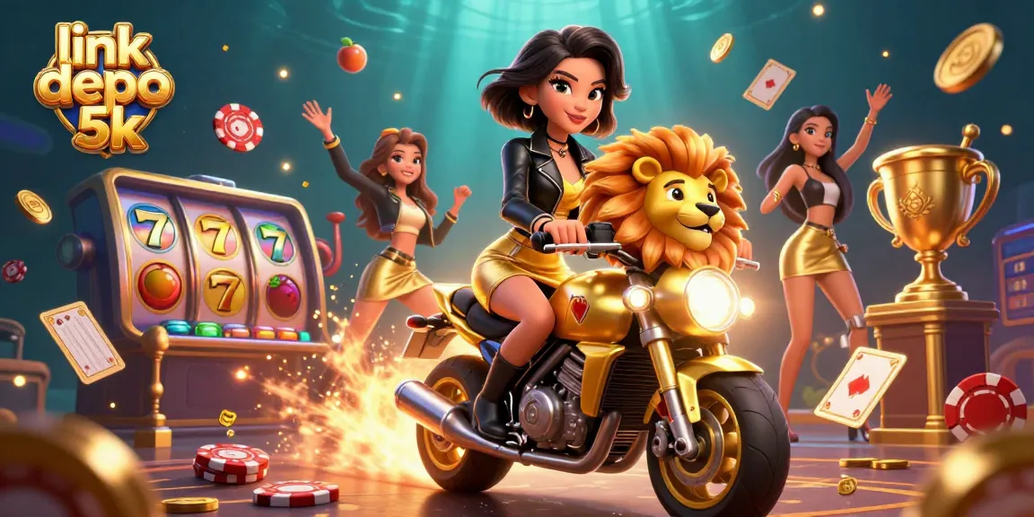 Experience the excitement of link depo 5k with a dynamic casino scene featuring slot machines, gold coins, and vibrant characters.