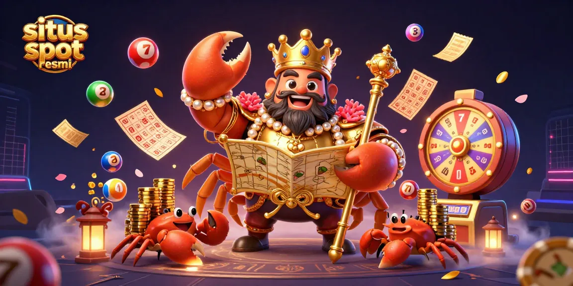 Experience situs slot resmi with this dynamic 3D illustration showcasing a crab emperor amidst vibrant casino elements.