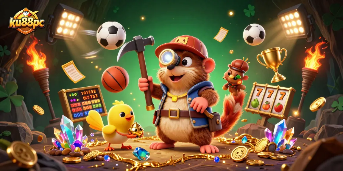 ku88pc showcases a treasure hunter mole and canary in a vibrant casino scene filled with sports elements.