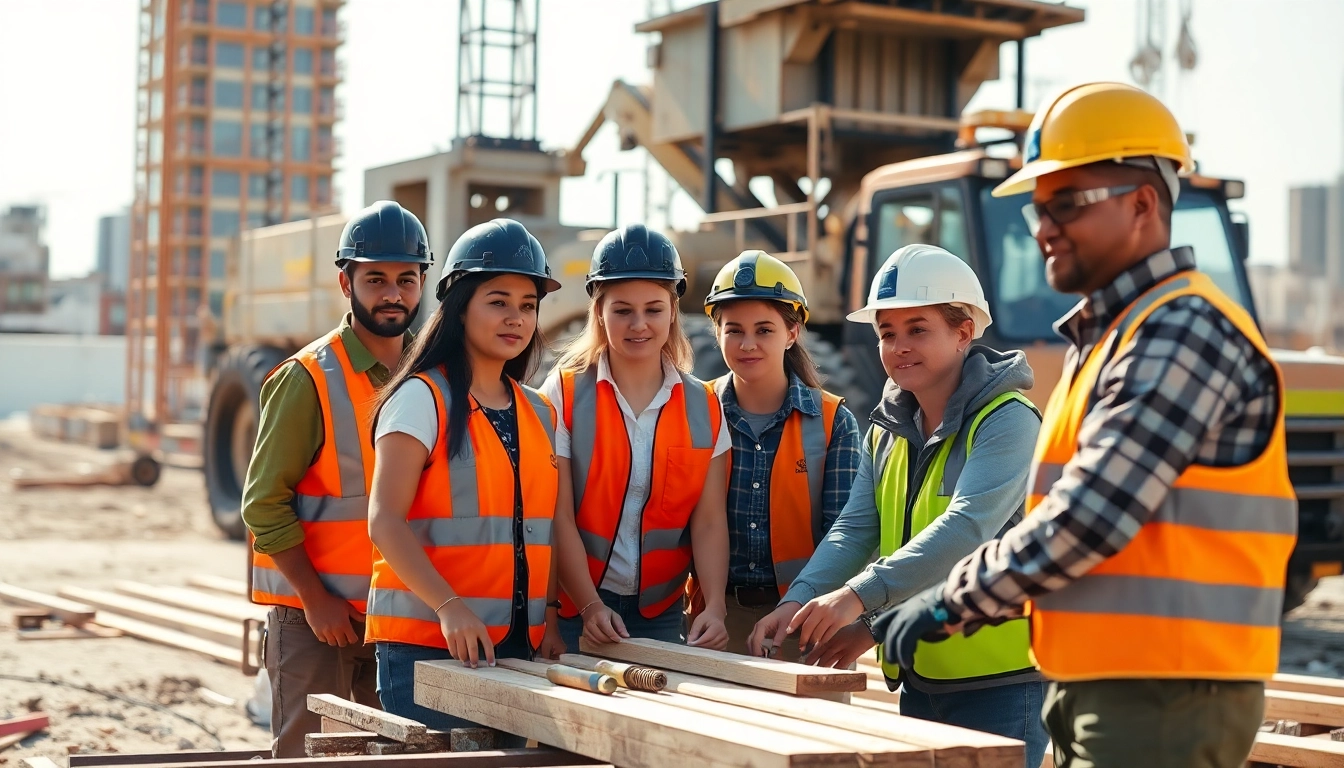 Engaged individuals in a contractor apprenticeship, showcasing teamwork at a construction site.