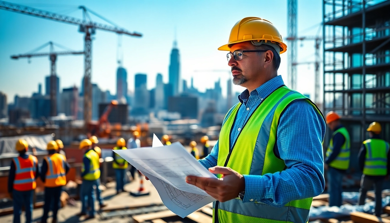 Manhattan Construction Manager supervising a vibrant construction site with coordinating teams