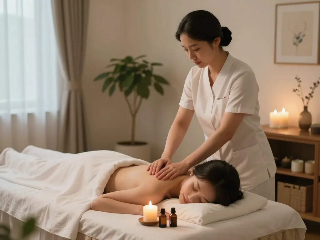 Relaxation experience showcasing 서울출장마사지 service with a therapist at work in a serene environment.