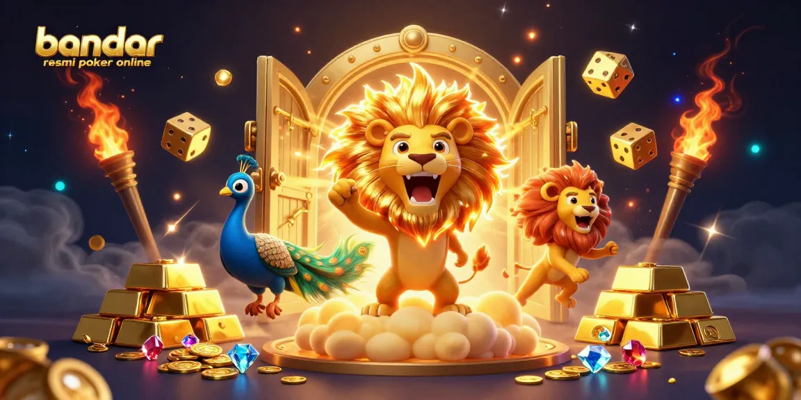 Engage with bandar resmi poker online in a dynamic scene featuring golden treasures and a roaring sun lion.