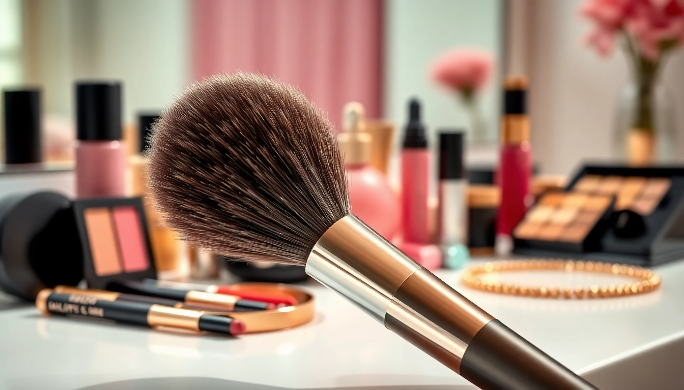 Using a dense makeup brush for flawless makeup application on a stylish vanity.