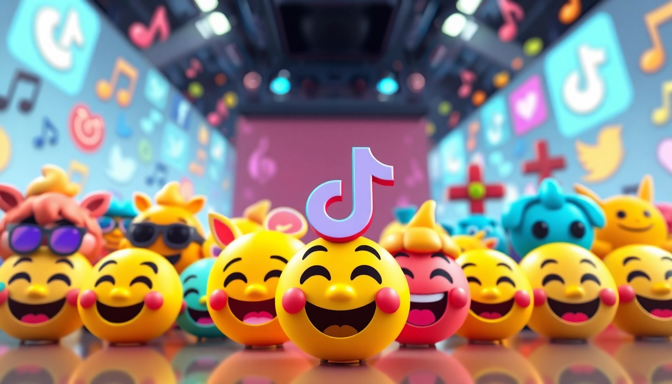 Showcase various tiktok emojis in an animated digital scene filled with vibrant colors.