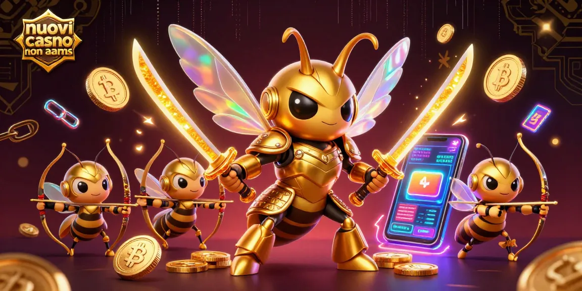 Illustra i nuovi casino non AAMS con un'ape guerriera e monete criptate in un prato semplice e luminoso.