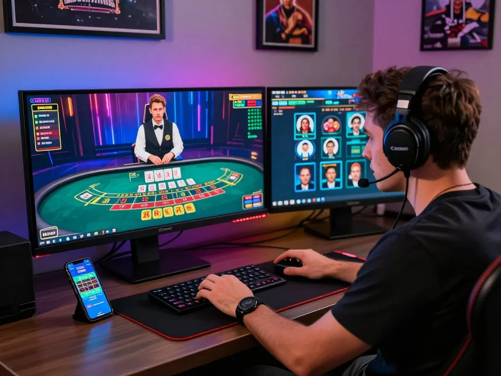Engaged player at a baccarat site with dual monitors, vibrant atmosphere, and dynamic lighting