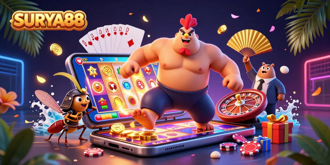 SURYA88 showcases a powerful sumo rooster celebrating wins with gaming elements, vibrant atmosphere.