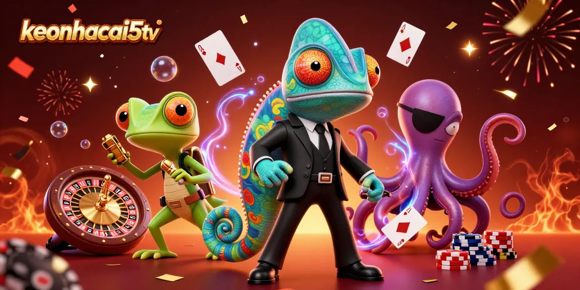 Engage with keonhacai5tv's thrilling world through a colorful casino scene featuring a chameleon, gecko, and octopus.