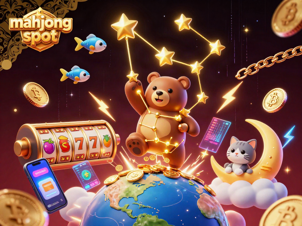 Engage in the mahjong slot experience with vibrant 3D illustration of a constellation bear scooping coins.