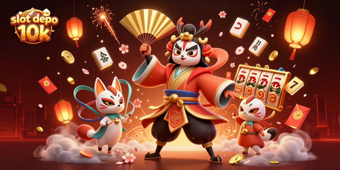 Memenangkan dengan slot depo 10k, ilustrasi 3D bertema kasino dengan karakter unik dan elemen keberuntungan.