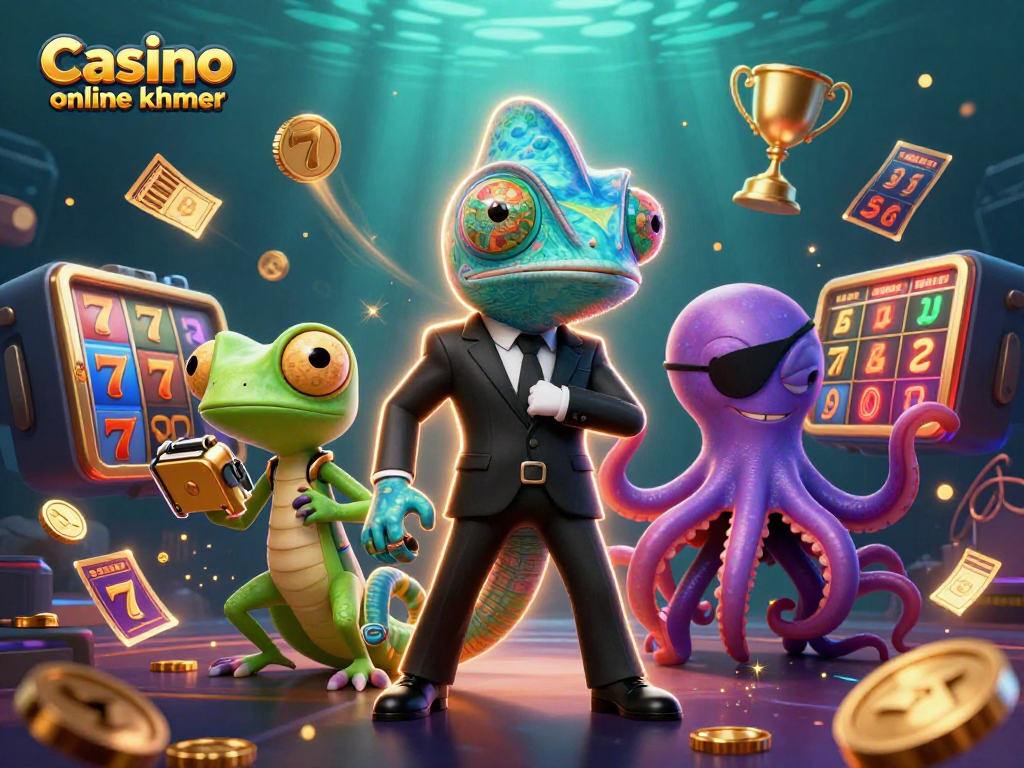 Engage with Casino online khmer in an energetic 3D illustration of animated characters and gambling icons.