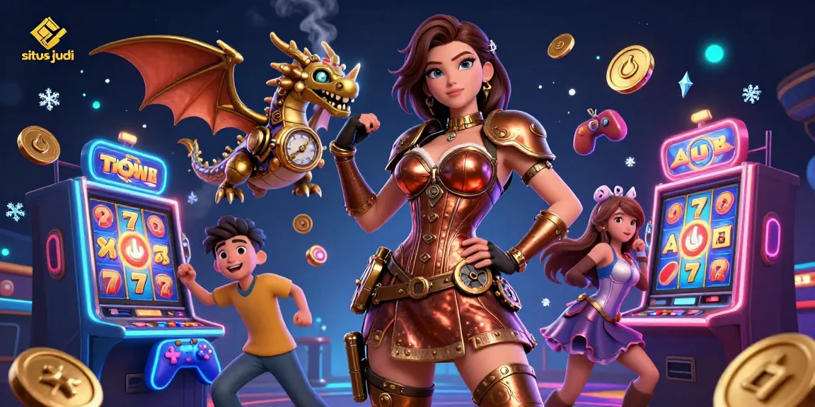 Engage with the situs judi atmosphere featuring vibrant slot machines and an interactive fantasy world.