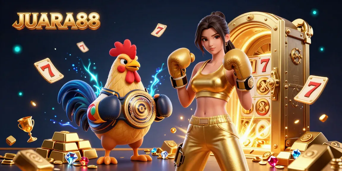 Experience the thrills of JUARA88 as a champion woman and rooster celebrate jackpot wins in this vibrant casino scene.