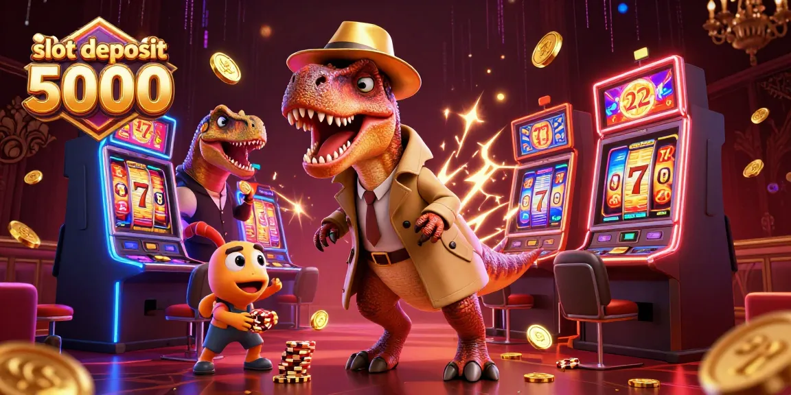 Spin to win big at the slot deposit 5000 with vibrant action-packed casino scene, featuring clever cartoon characters.
