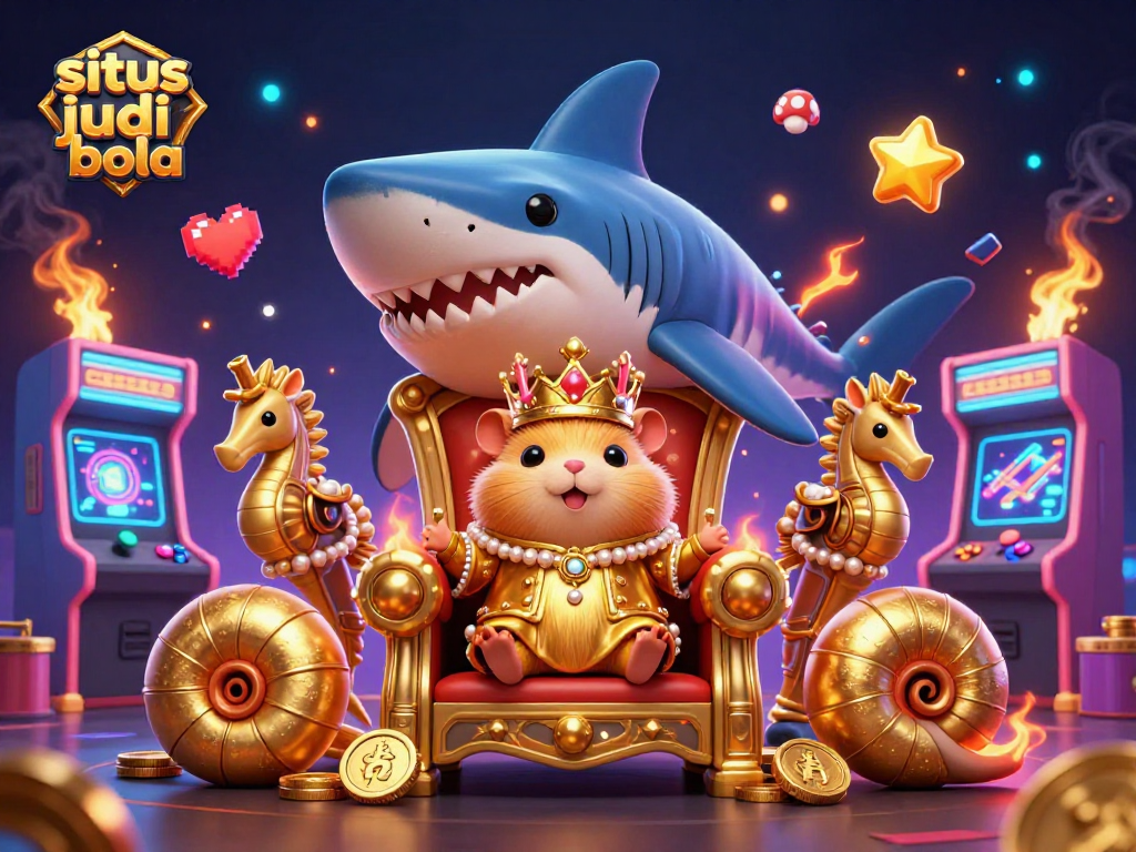 Engage in situs judi bola action with a fierce hamster king on his shark throne, dynamic gaming elements abound.