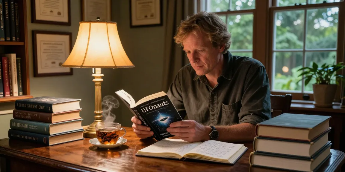 T Allen Greenfield immersed in his award-winning book "UFOnauts" at https://tallengreenfield.com, surrounded by books on spirituality and UFO phenomena.
