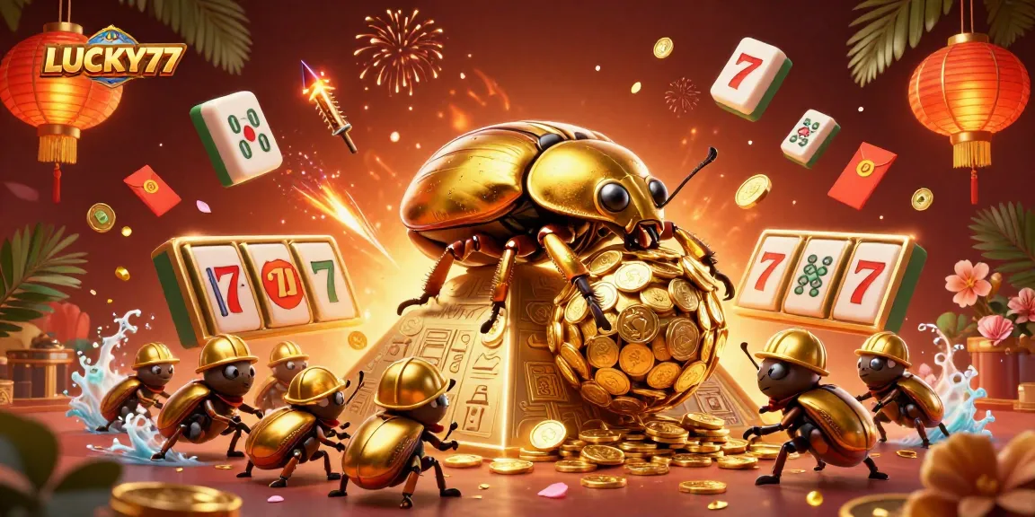 Engage with LUCKY77 in a vibrant, lively casino-themed 3D illustration featuring gold and symbols.