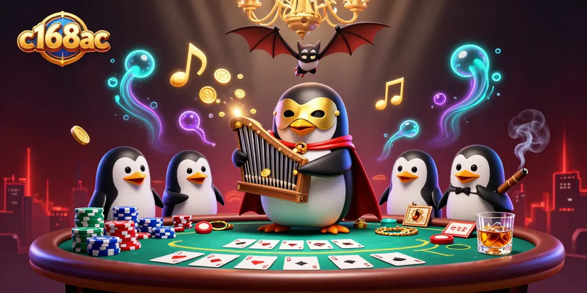 Experience thrilling gaming with c168ac featuring a phantom penguin and bat acrobat in a lively casino atmosphere.