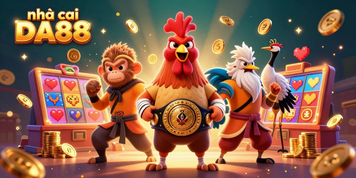 Engage with exciting games at nhà cái DA88, featuring vibrant slot reels and dynamic 3D characters.
