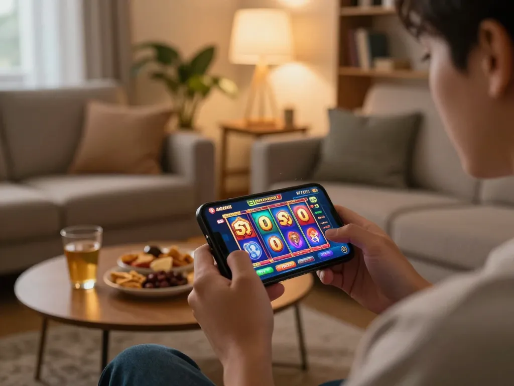 Engaging in slot gacor gampang menang mobile gaming on a smartphone in a cozy living room.