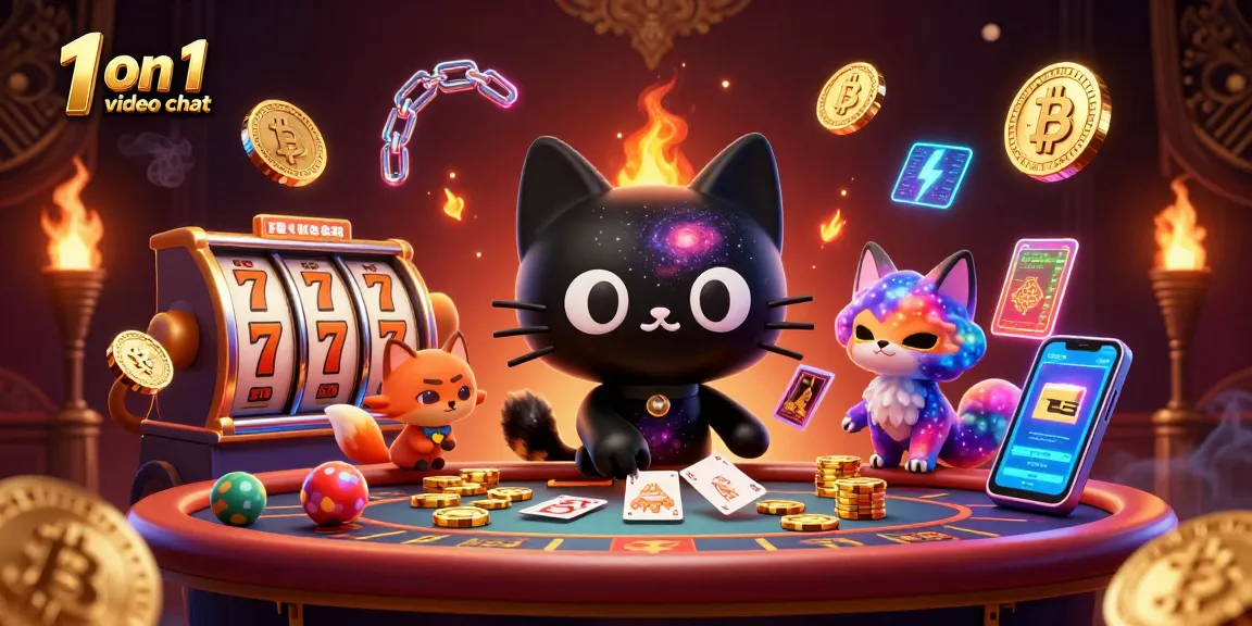 Engage in lively 1 on 1 video chat surrounded by casino game elements and cosmic characters.