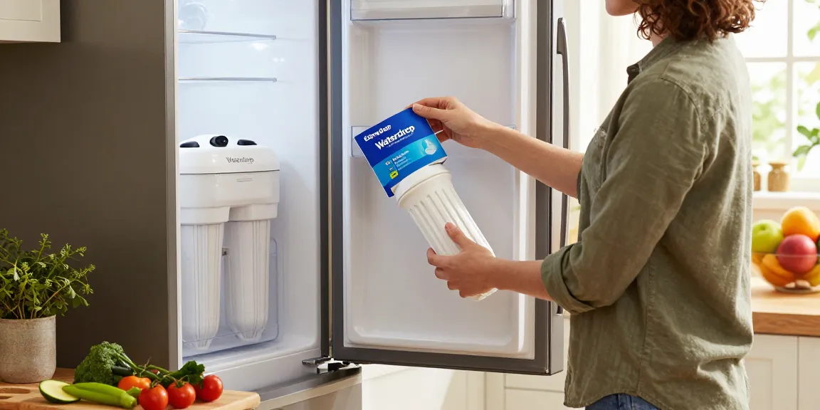 Person installing Waterdrop EDR3RXD1 Replacement for Everydrop® Filter 3 in a kitchen with fresh ingredients and cozy decor.