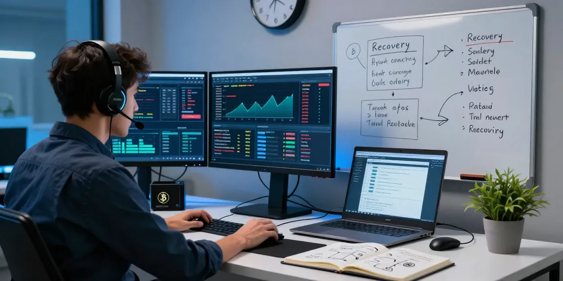 Cybersecurity professional monitors cryptocurrency transactions to recover stolen cryptocurrency, showcasing advanced tech workspace.