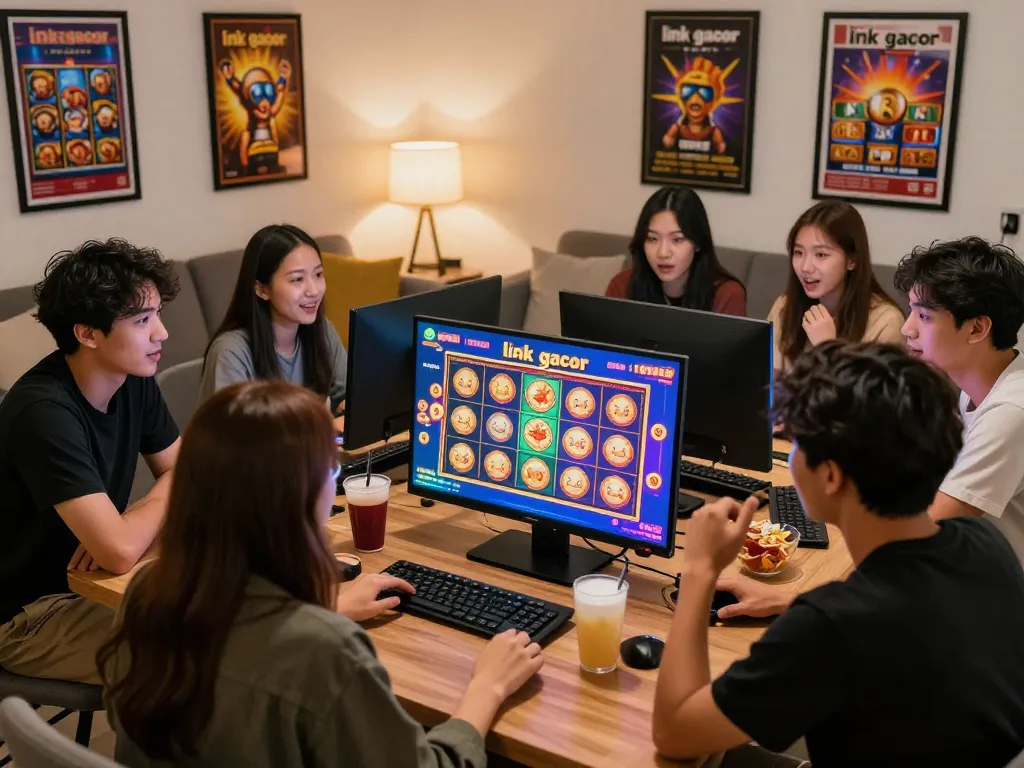 Suasana perjudian yang menarik dengan teman-teman menikmati permainan slot link gacor di rumah