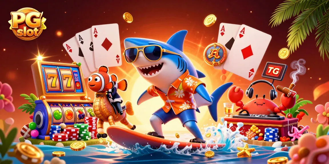 Exciting PG slot scene with cartoon characters surfing on gold coins amidst vibrant slot reels.