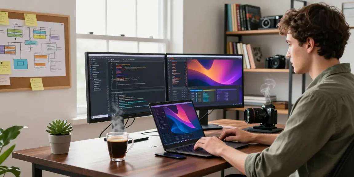 Developer working in cozy home office, showcasing 纸飞机中文版 coding activities with dual monitors and lively coffee atmosphere.