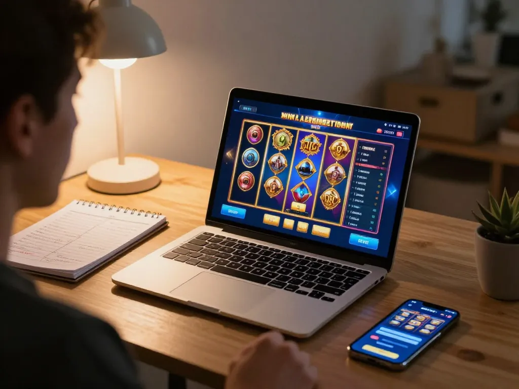 Engaging in a slot bet session on a home laptop with strategic notes beside