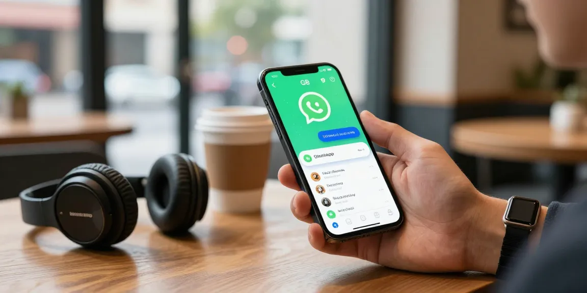 Person using gb whatsapp app on smartphone in a coffee shop with vibrant themes.
