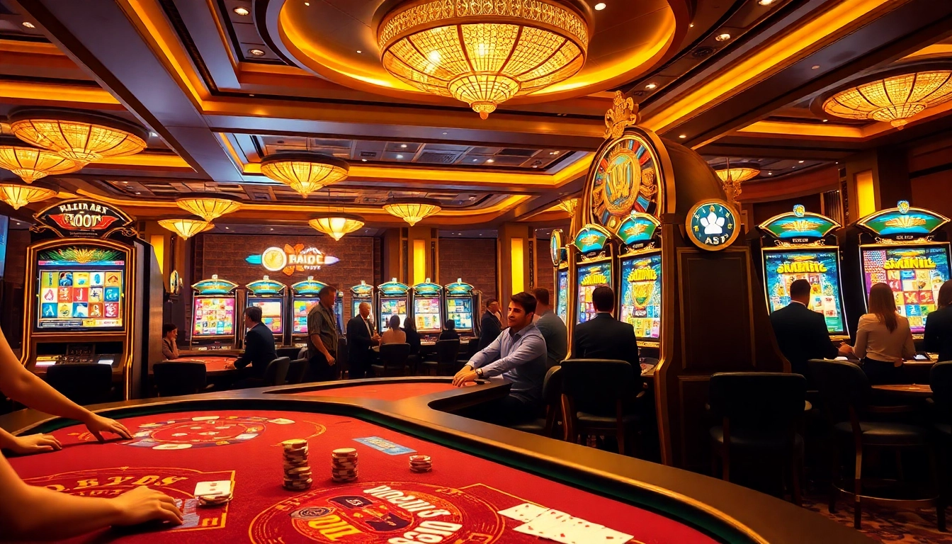 Players enjoying a vibrant slot pragmatic game at a luxury casino with colorful machines and tables.