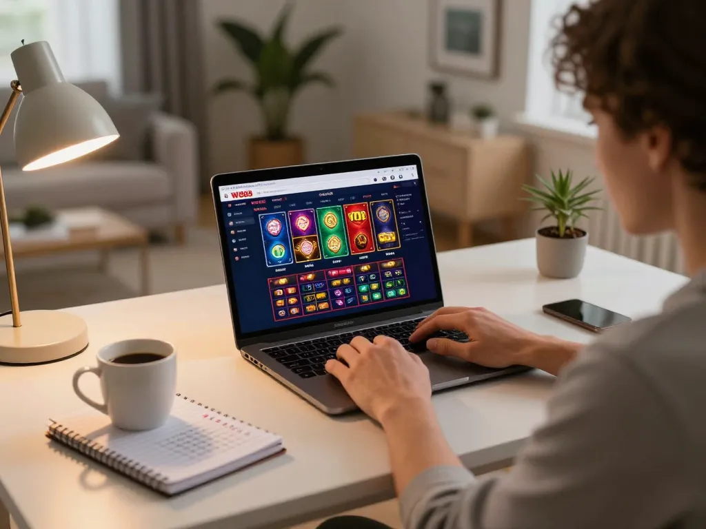 Player engaging in online gaming at W88 casino setup with laptop and cozy ambiance