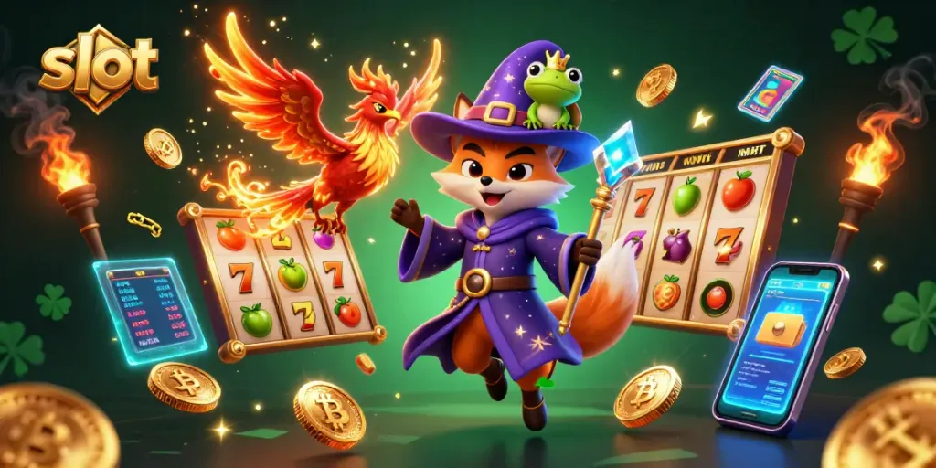Mendapatkan jackpot di slot dengan ilustrasi posisi karakter yang magis dan elemen berkilau di sekitarnya.