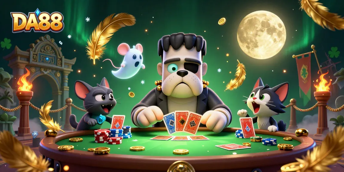 DA88 casino-themed illustration with a Frankenstein bulldog dealer and ghost mouse at a gaming table.