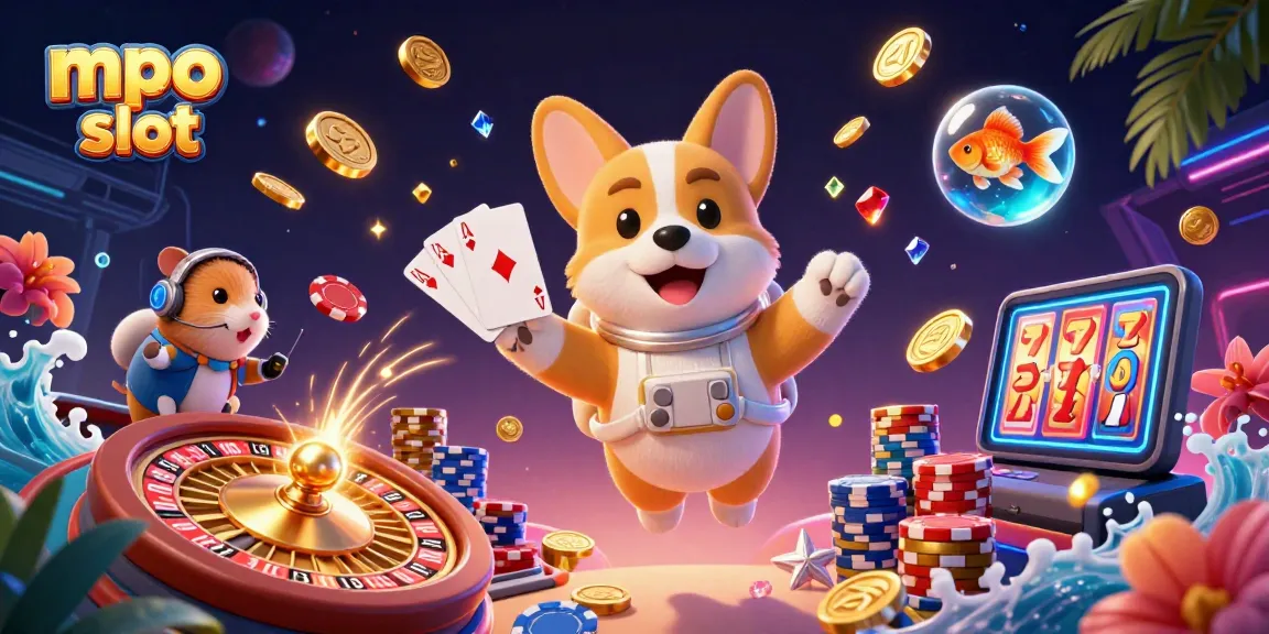 Experience the excitement of mpo slot with astronaut corgi and dazzling casino elements.