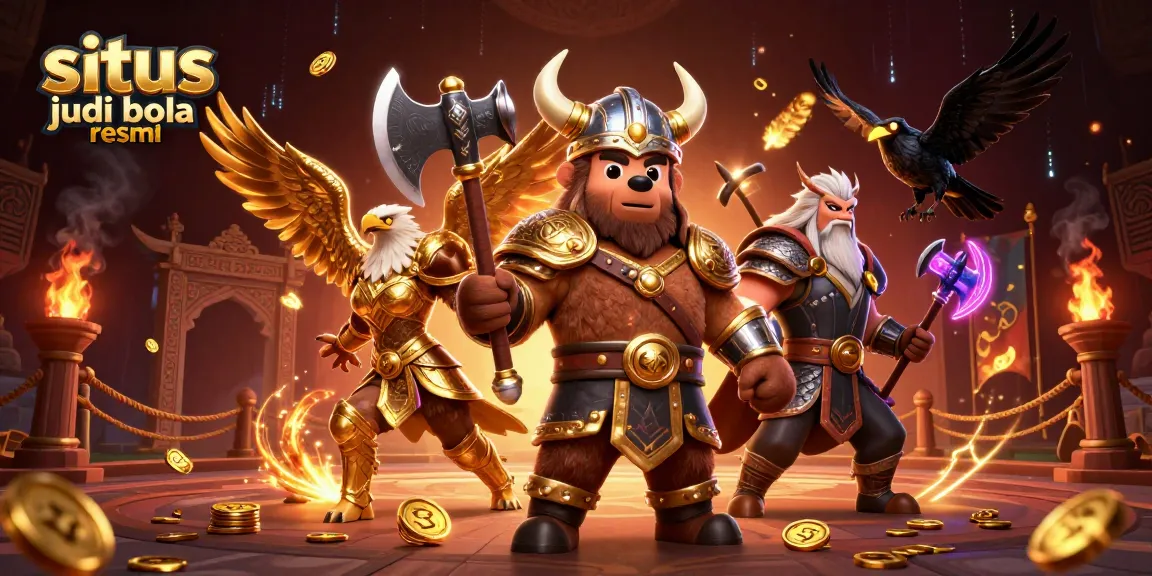 Situs judi bola resmi showcasing an energetic Viking bear and Valkyrie in a thrilling betting arena.